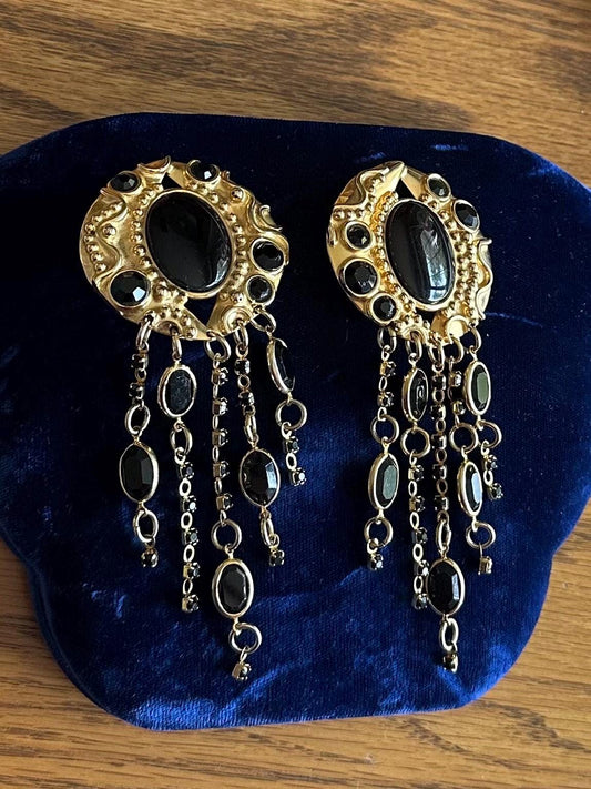 1980s 1990s Signed SORRELLI Gold Tone & Black Rhinestone and Crystal Chandelier Statement Clip-on Earrings Runway