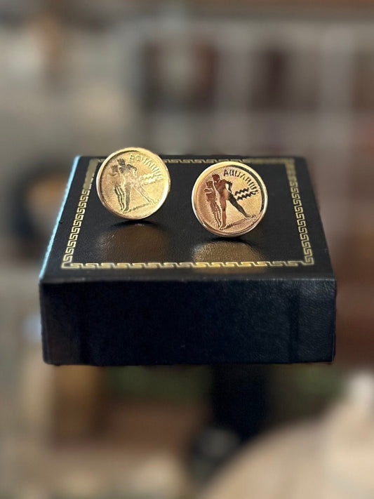 1960s Signed DANTE Aquarius Gold Tone Bullet Back Cuff Links Pair
