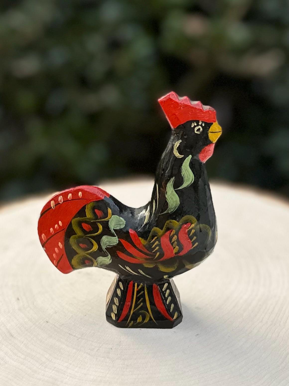 1950s 1960s Swedish Midcentury Folk Art Hand Carved & Hand Painted Black Dala Rooster