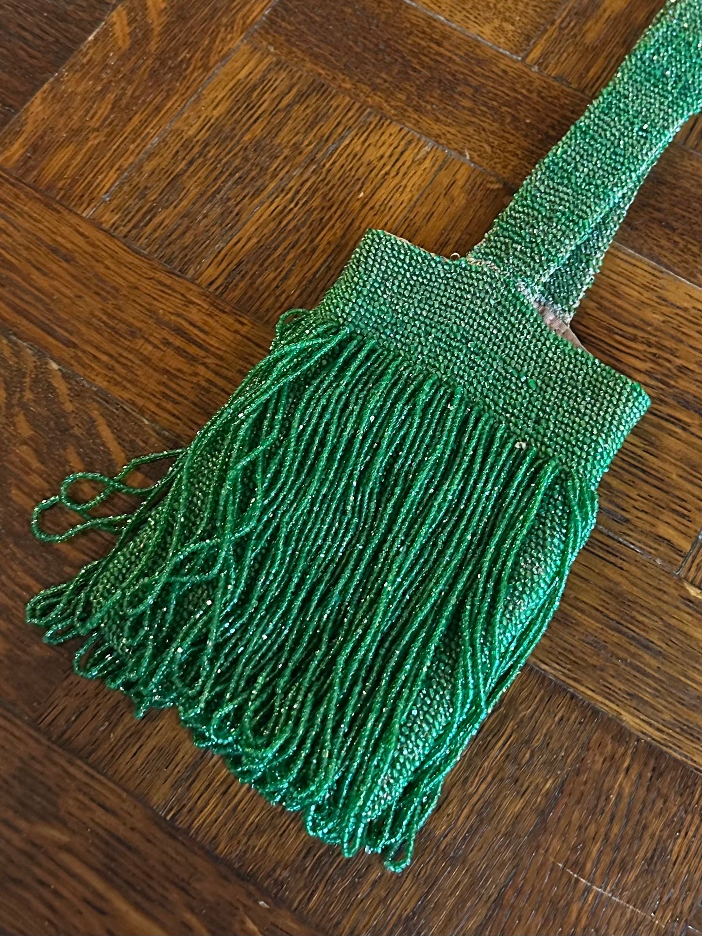 Antique 1920s Art Deco Green Glass Beaded Flapper Purse with Fringe