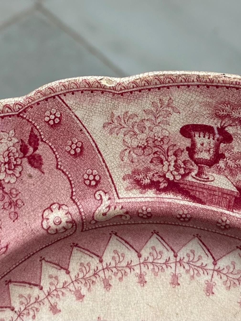 Antique 1800s Georgian Stoneware Early Staffordshire Red Pink Transferware Platter