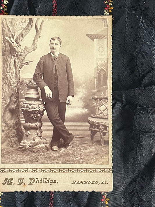 Antique Late 1800s Cabinet Card Crimped Edges Portrait of a Man with Mustache / Harry Sutherland