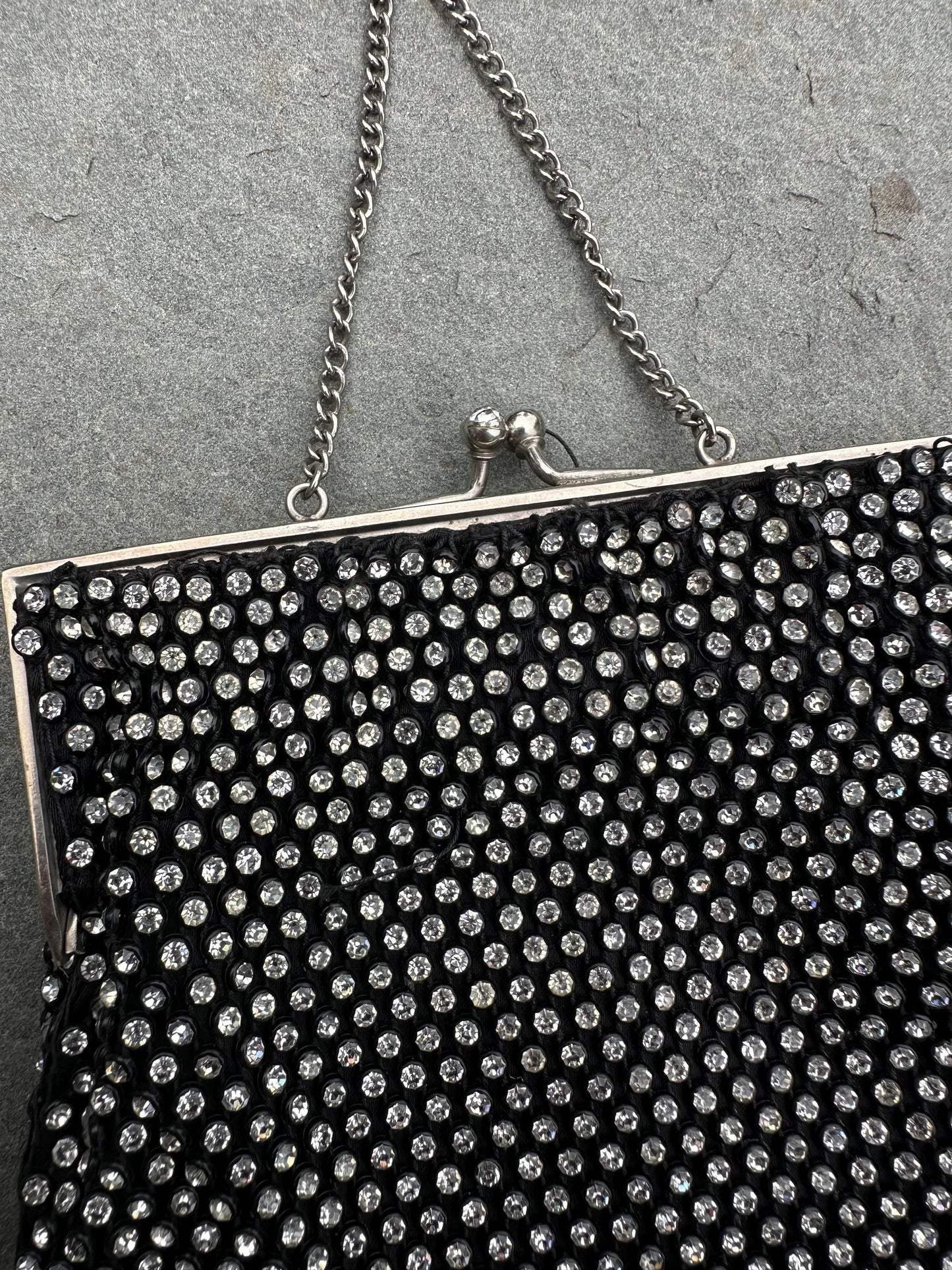 1930s 1940s Art Deco Rhinestone Jewelled Black Evening Bag