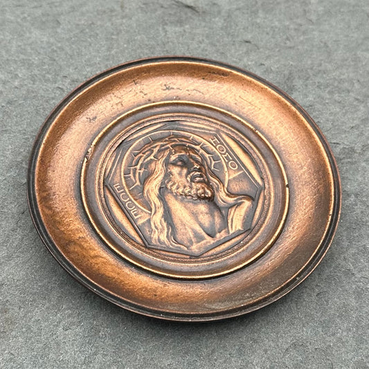 Antique Early 1900s Copper & Iron Religious Relief Wall Plaque | Jesus Christ, Crown of Thorns