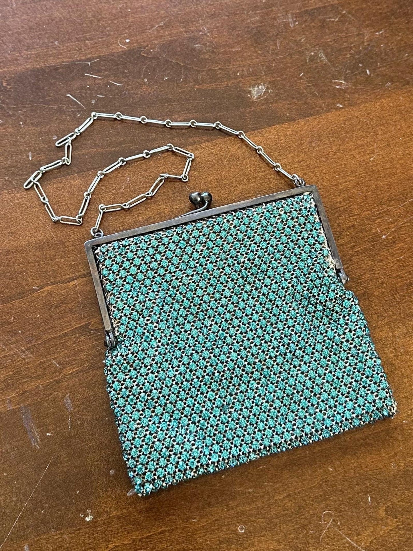 Antique Art Deco 1920s 1930s Czech Turquoise Faceted Rhinestone Chain Handle Purse Evening Bag