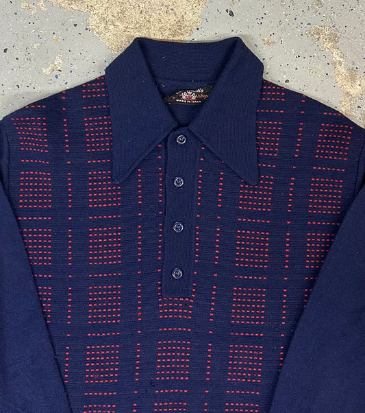 1960s Ohrbach's Men's Shop Navy Blue & Red Collared Long Sleeve Sweater Shirt