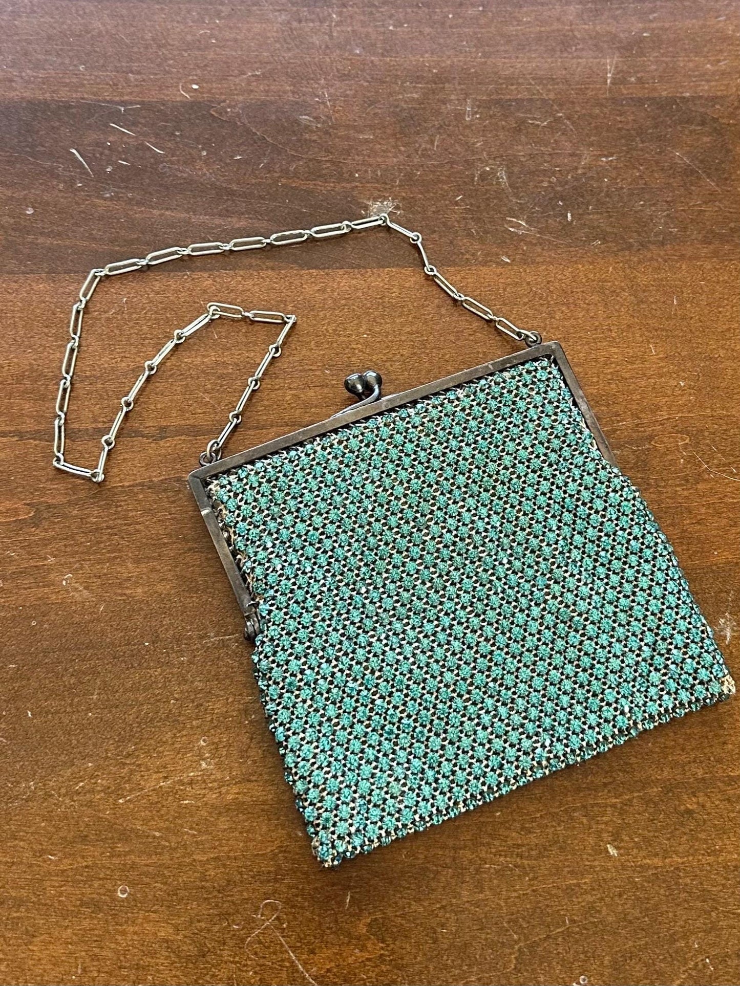 Antique Art Deco 1920s 1930s Czech Turquoise Faceted Rhinestone Chain Handle Purse Evening Bag