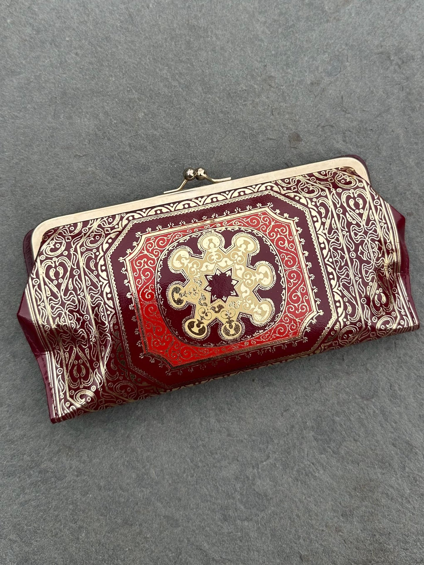 1940s 1950s Florentine Gold Embossed Maroon Red Italian Genuine Leather Continental Wallet