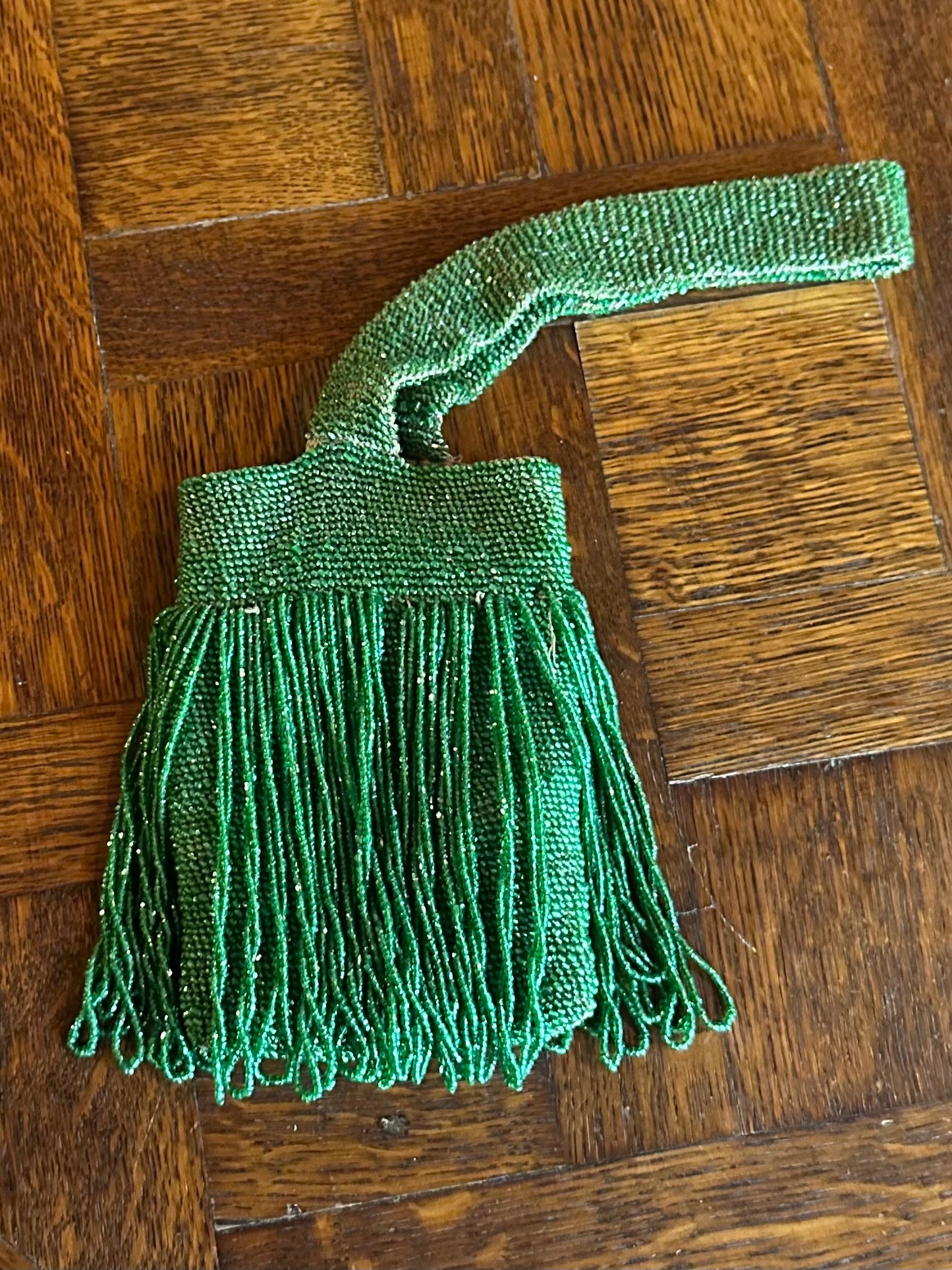 Antique 1920s Art Deco Green Glass Beaded Flapper Purse with Fringe