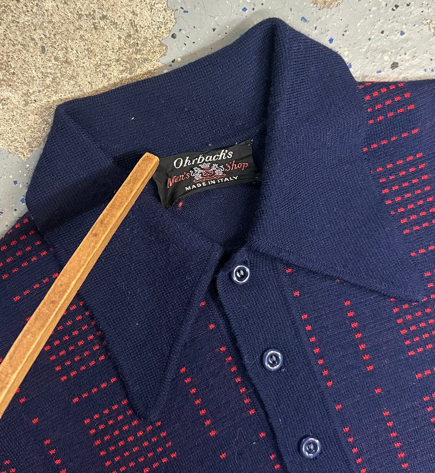 1960s Ohrbach's Men's Shop Navy Blue & Red Collared Long Sleeve Sweater Shirt
