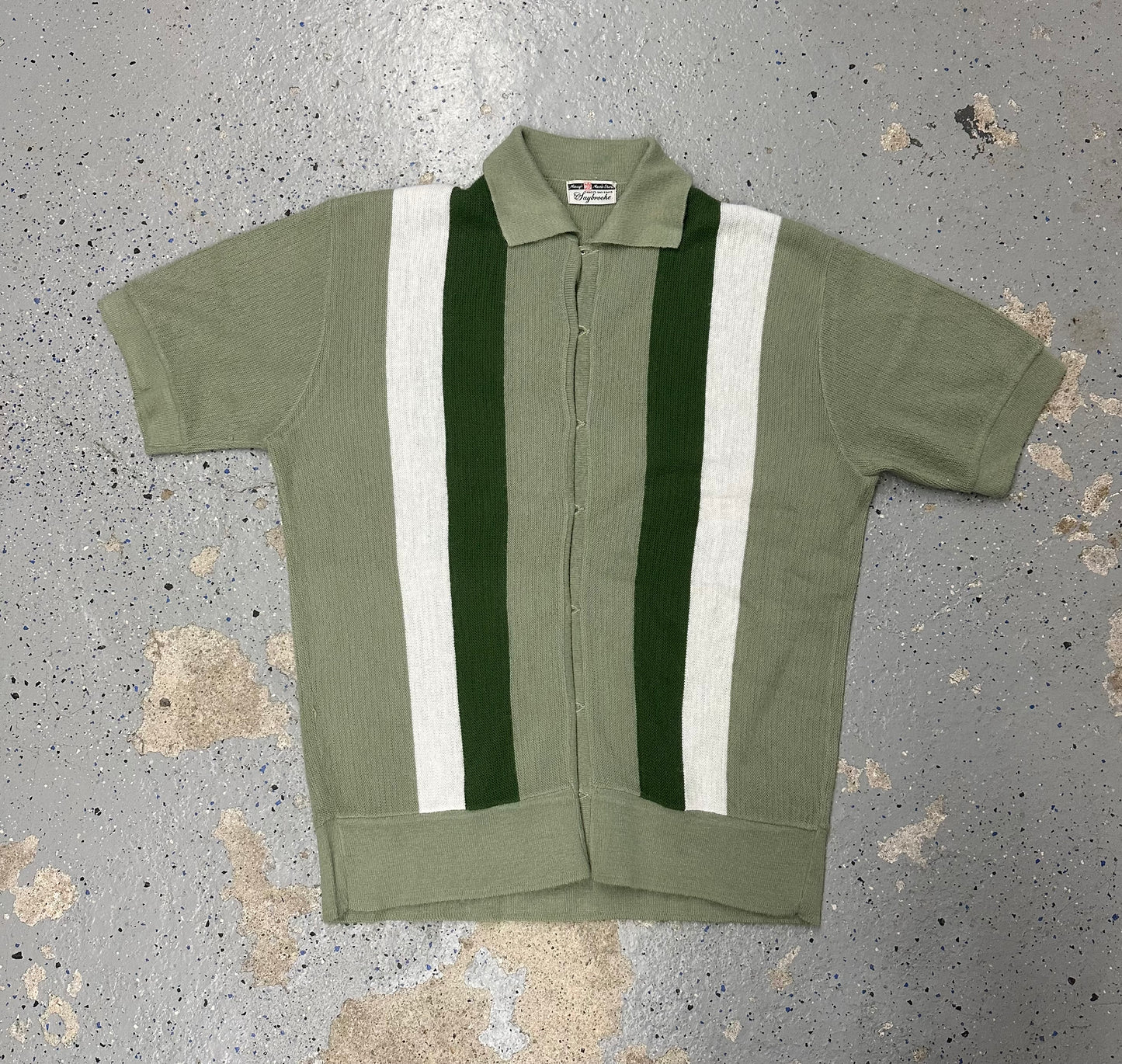 1960s Macy's Men's Store Saybrooke Green & White Stripe Collared Shirt