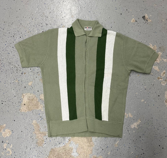 1960s Macy's Men's Store Saybrooke Green & White Stripe Collared Shirt