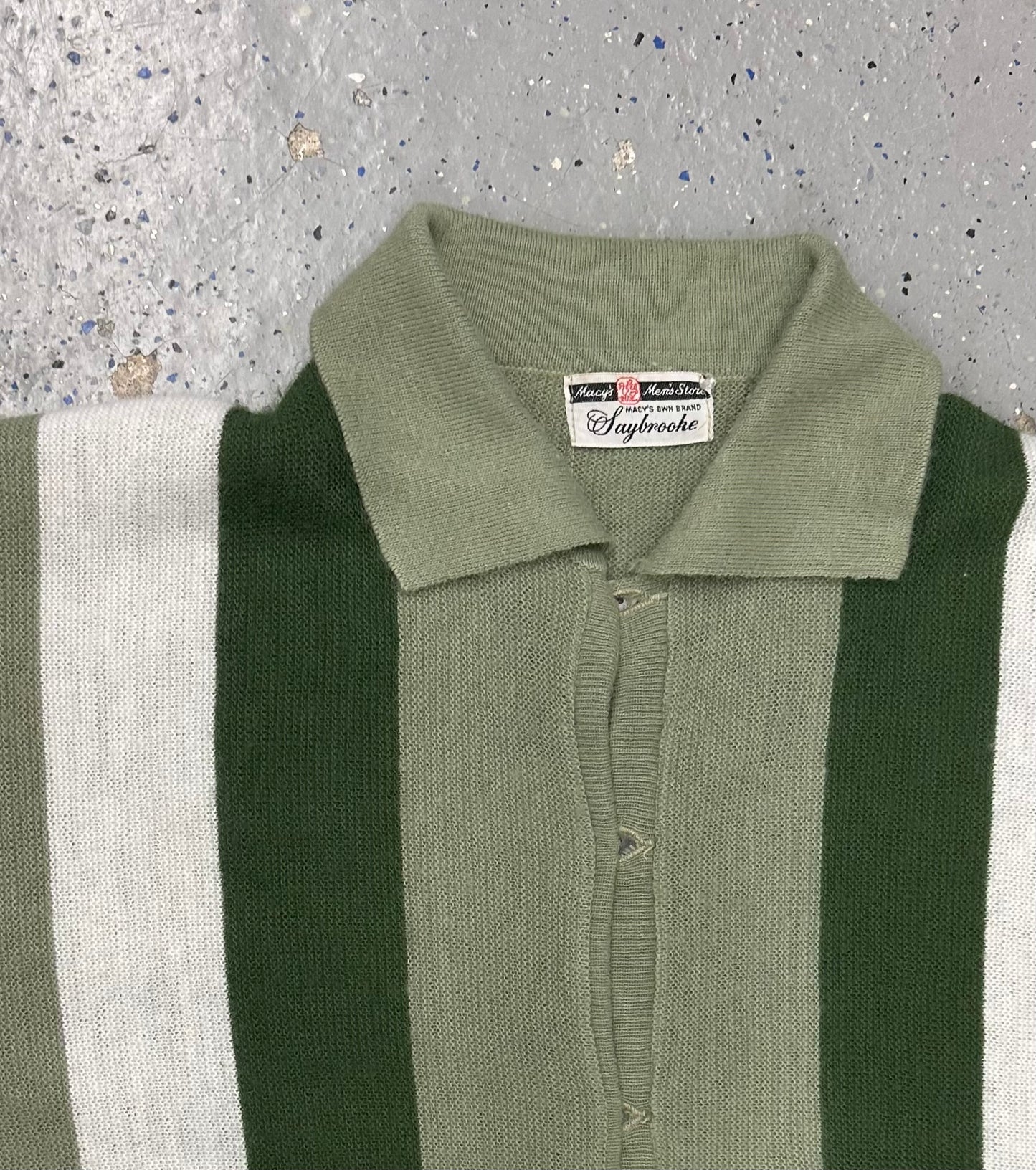 1960s Macy's Men's Store Saybrooke Green & White Stripe Collared Shirt