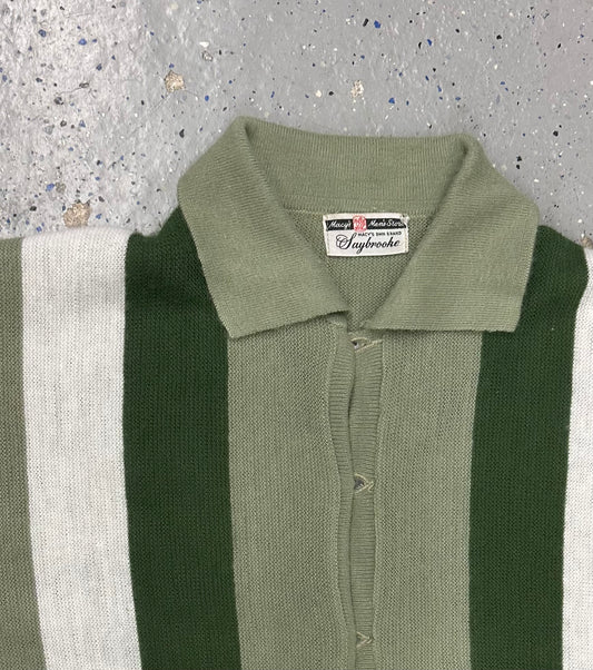 1960s Macy's Men's Store Saybrooke Green & White Stripe Collared Shirt
