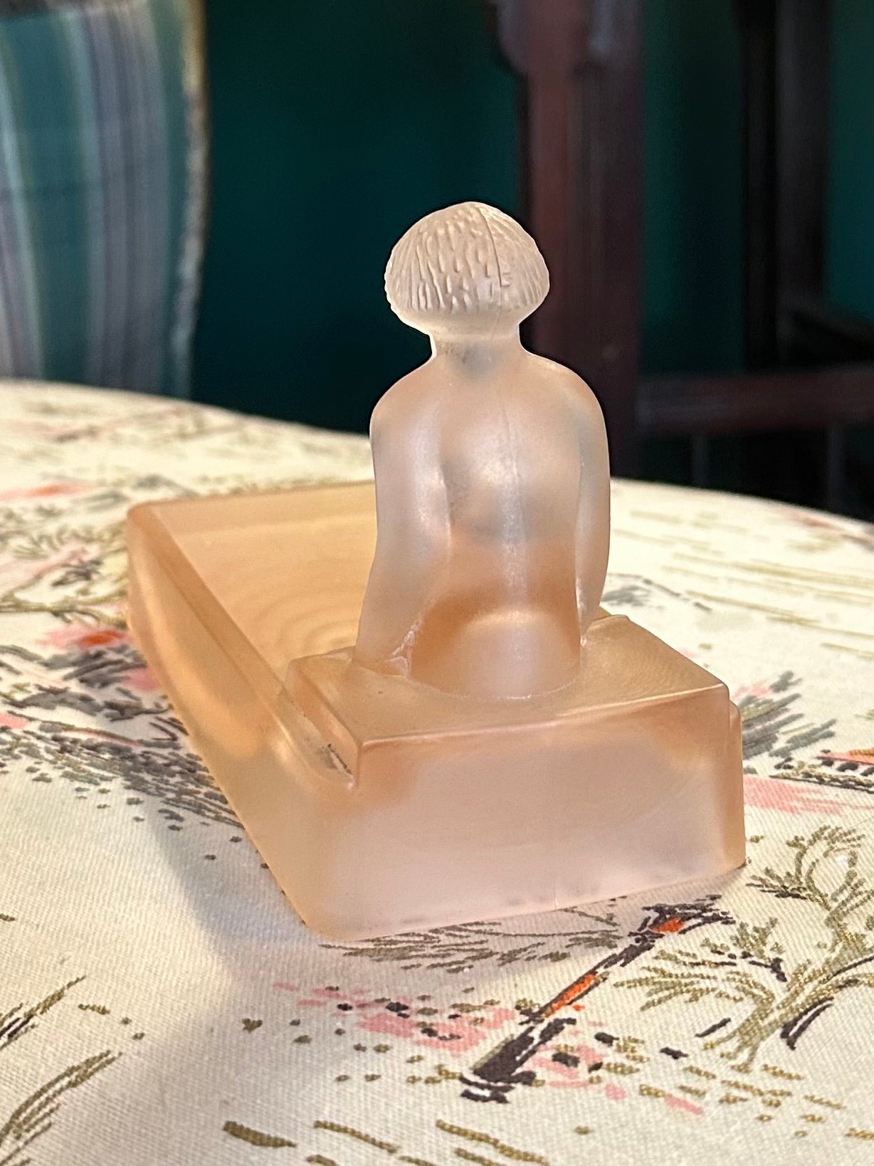 1981 Art Deco Nude Lady Bathing Pink Frosted Glass Soap Dish or Trinket Tray