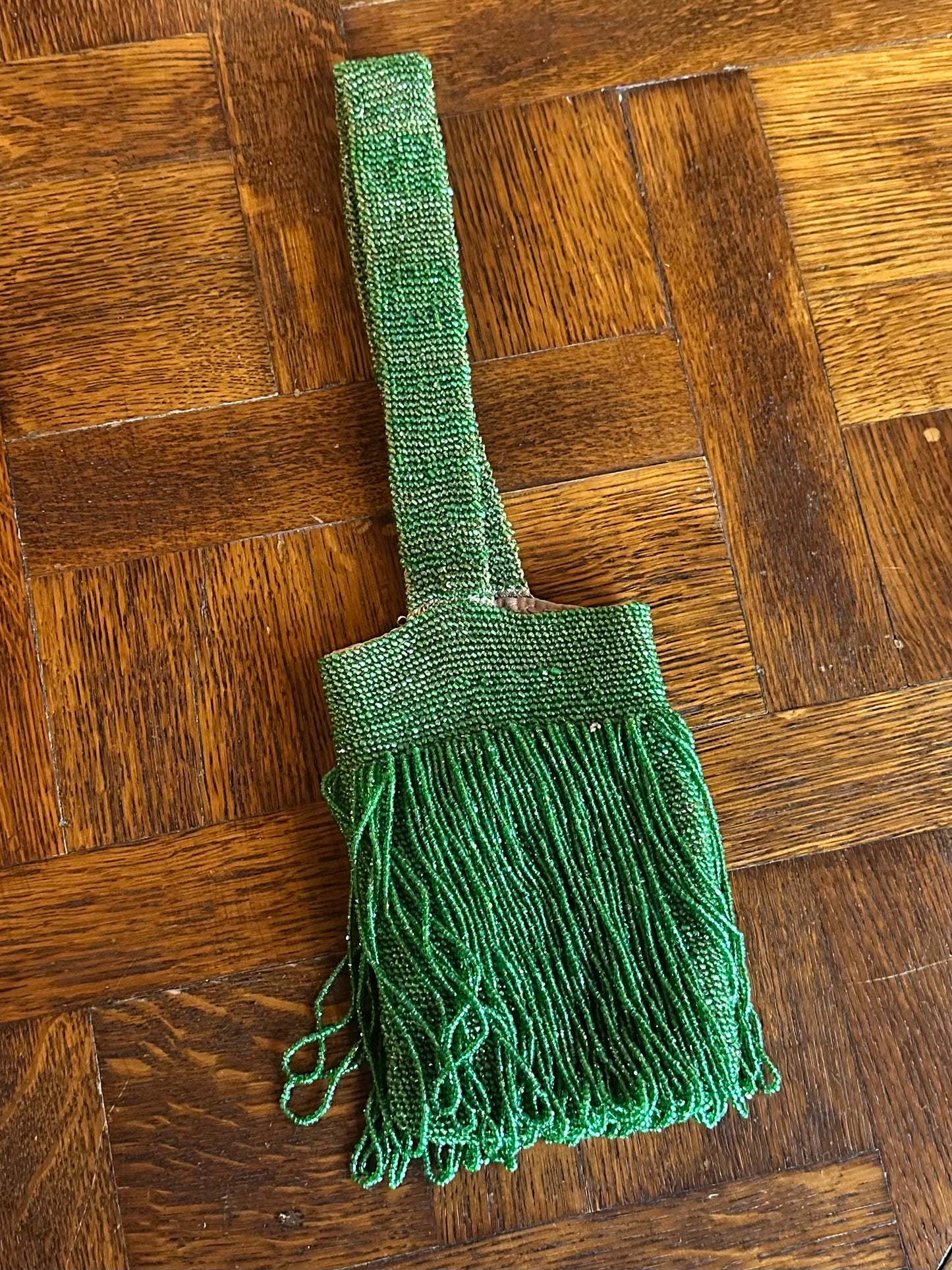 Antique 1920s Art Deco Green Glass Beaded Flapper Purse with Fringe