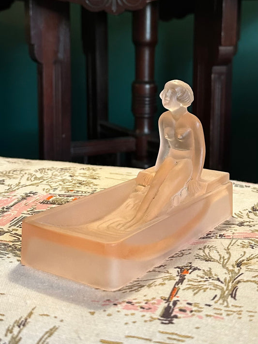 1981 Art Deco Nude Lady Bathing Pink Frosted Glass Soap Dish or Trinket Tray