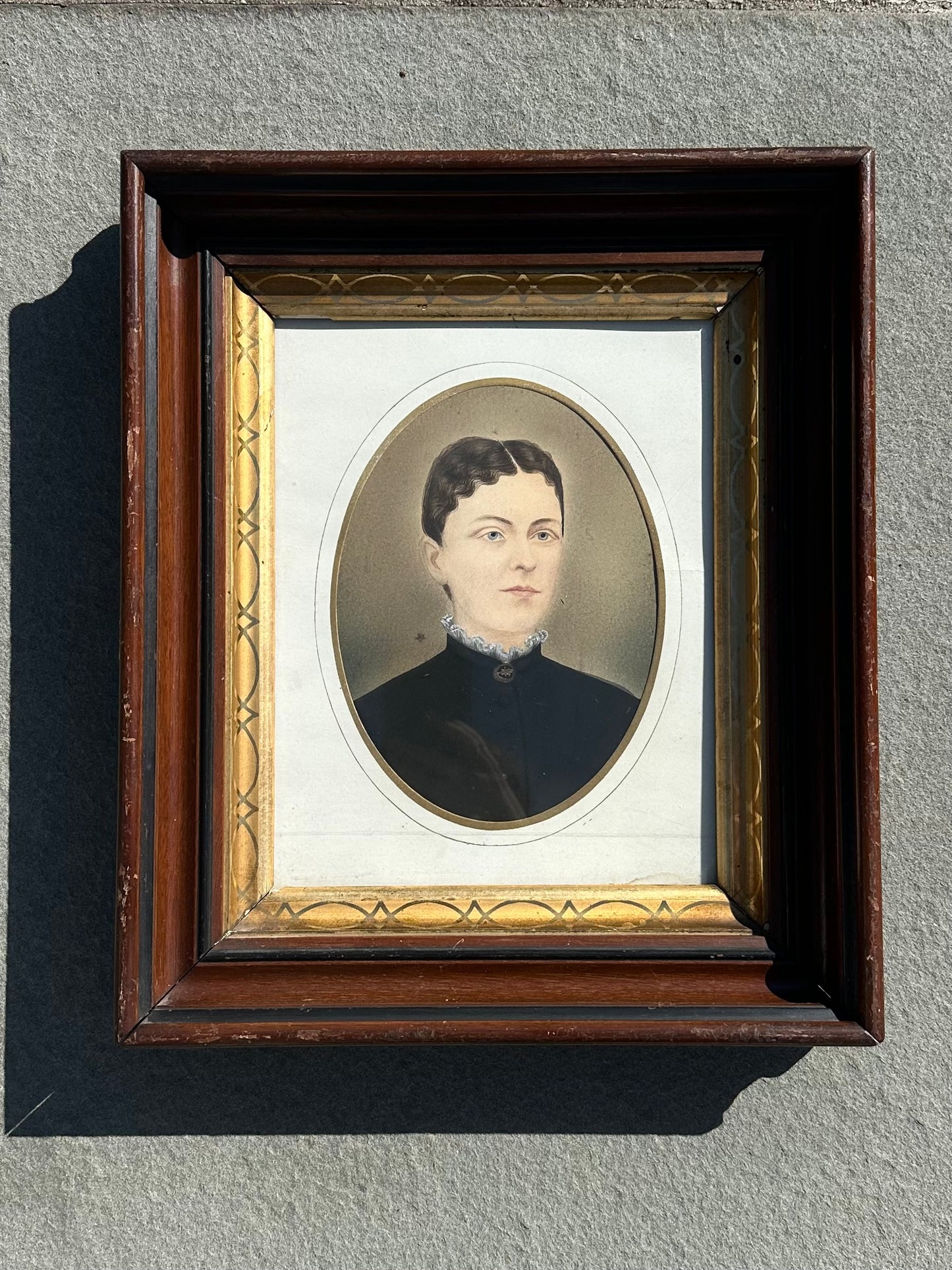 Antique 19th Century Victorian Era Wood Framed Hand Painted Portrait of a Woman Mourning Piece