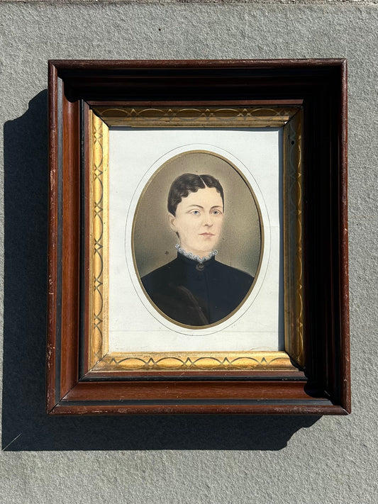 Antique 19th Century Victorian Era Wood Framed Hand Painted Portrait of a Woman Mourning Piece