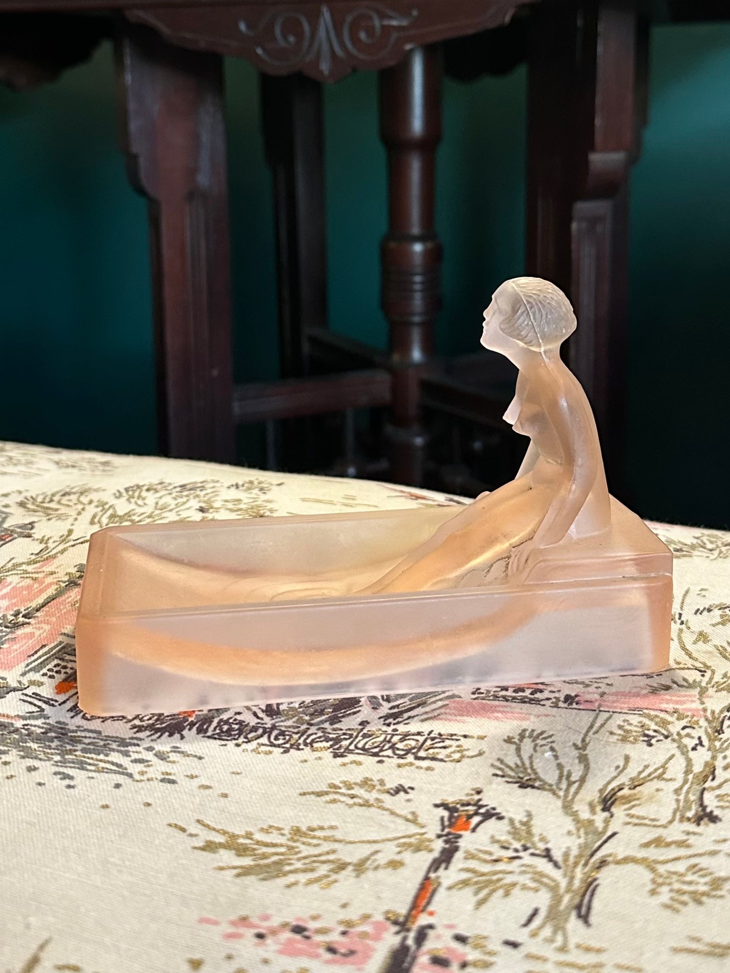 1981 Art Deco Nude Lady Bathing Pink Frosted Glass Soap Dish or Trinket Tray