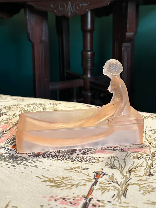 1981 Art Deco Nude Lady Bathing Pink Frosted Glass Soap Dish or Trinket Tray
