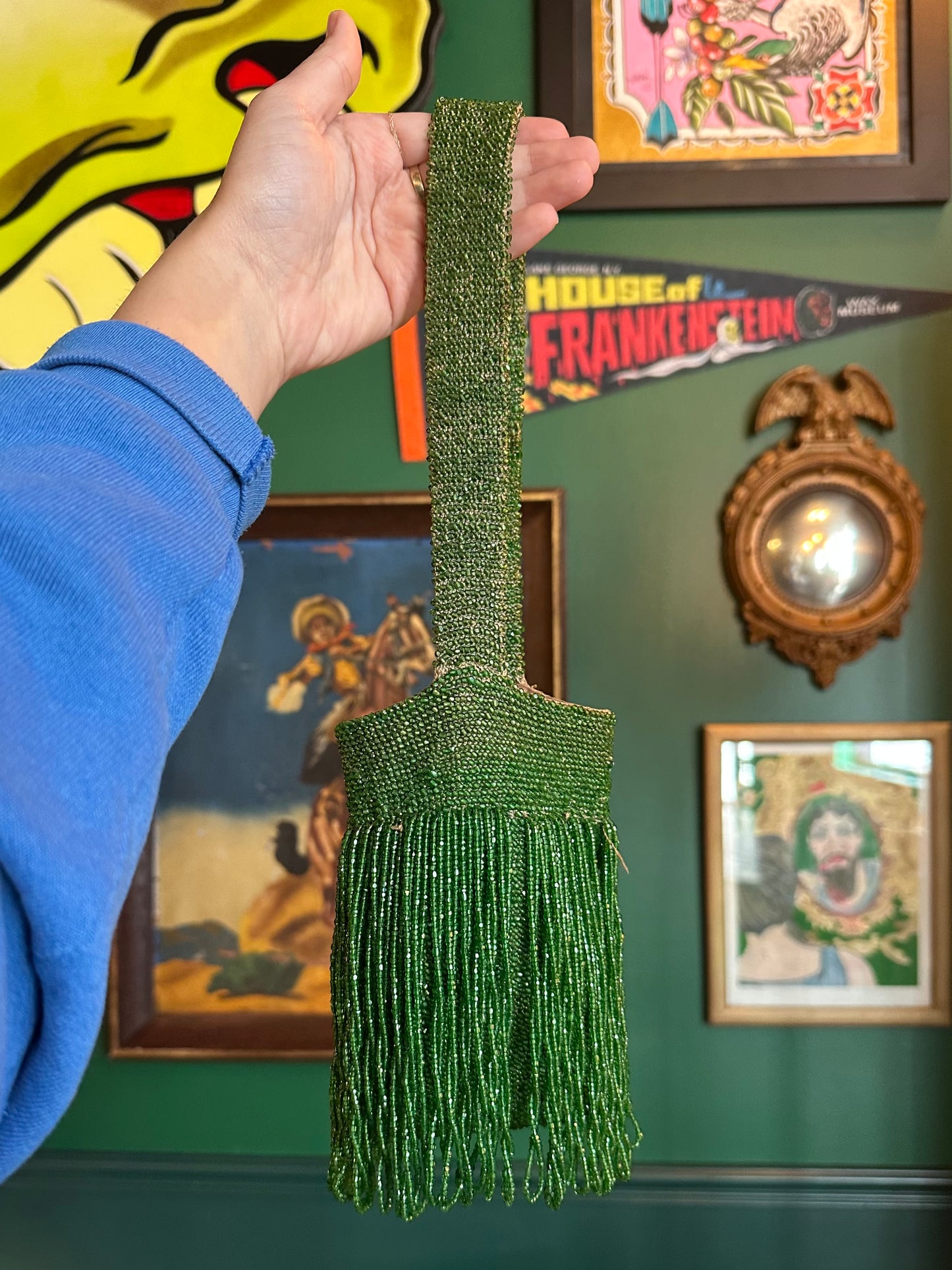 Antique 1920s Art Deco Green Glass Beaded Flapper Purse with Fringe