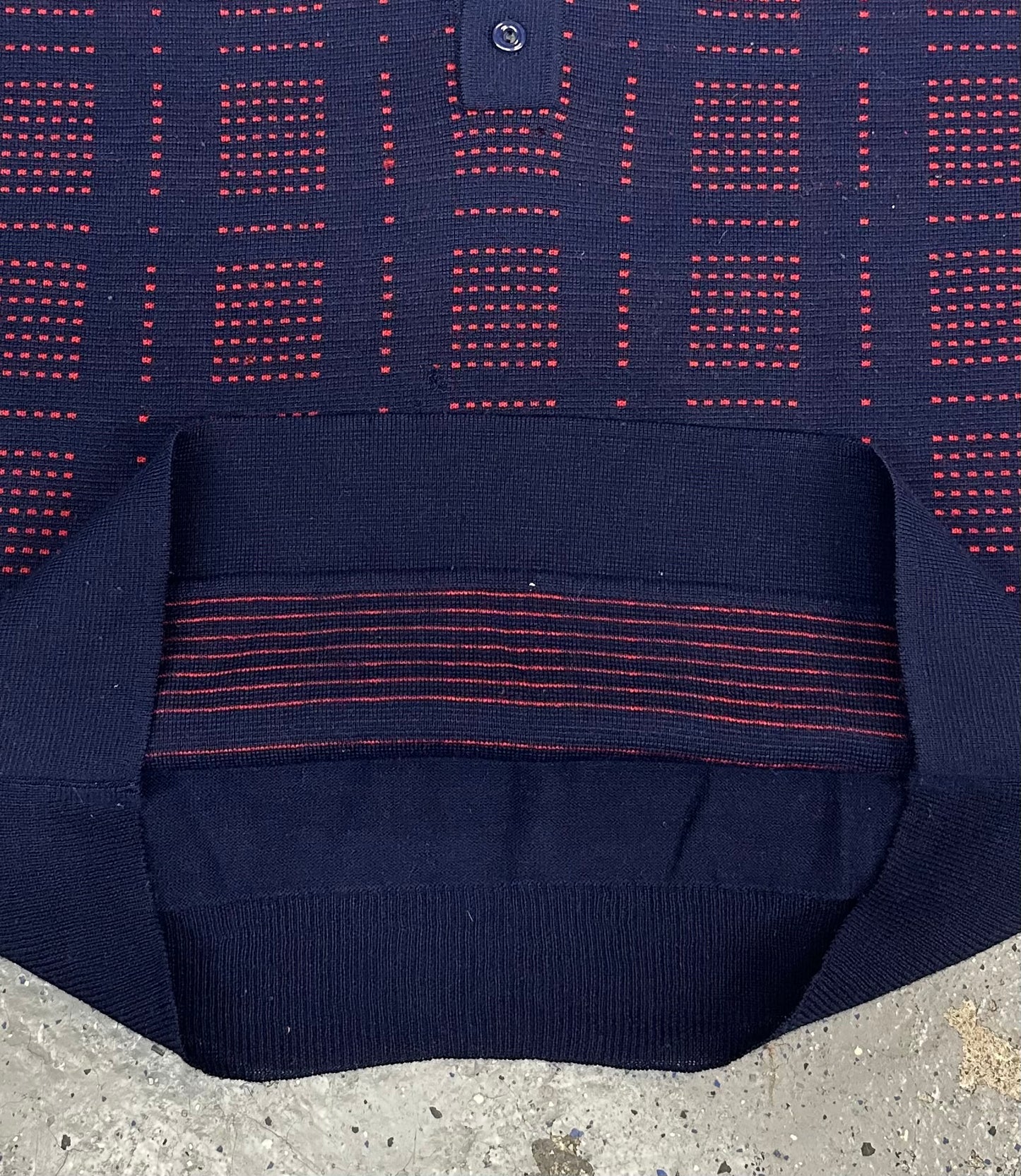 1960s Ohrbach's Men's Shop Navy Blue & Red Collared Long Sleeve Sweater Shirt