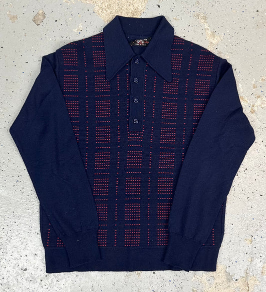 1960s Ohrbach's Men's Shop Navy Blue & Red Collared Long Sleeve Sweater Shirt