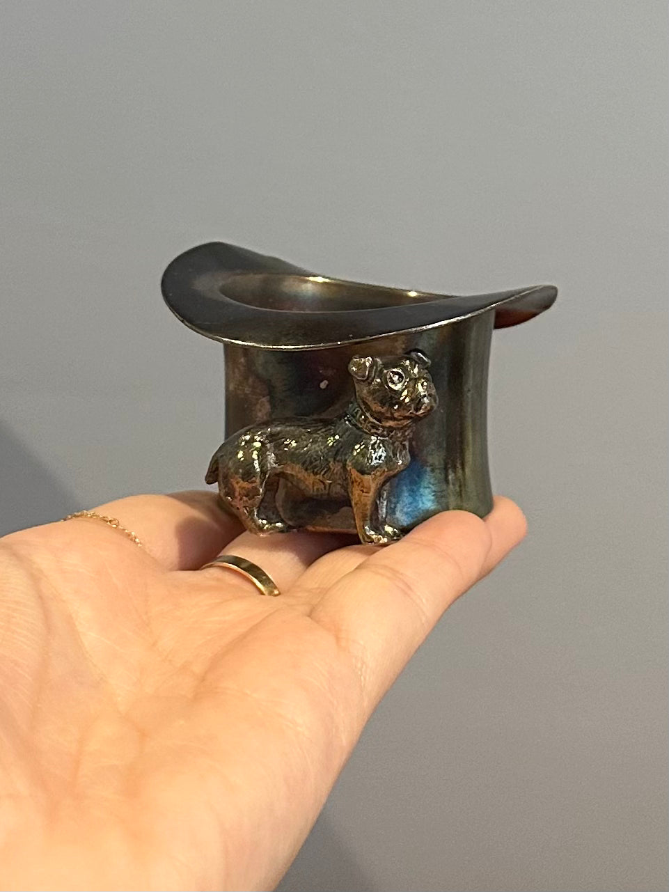 Antique Victorian Pairpoint Mfg Co. Silver Plate Figural Top Hat English Bulldog Toothpick Holder