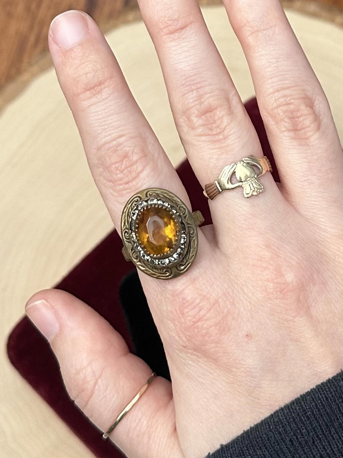 Antique Edwardian Era Brass & Faceted Amber Glass Paste Rhinestone Halo Statement Ring US Size 5 3/4