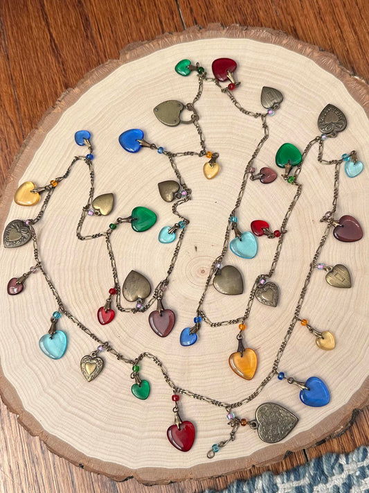 1980s 1990s Brass & Glass Multicolor Heart Charm Long Layering Necklace