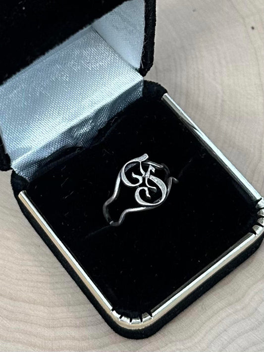 Vintage Signed BEAU Sterling Silver Calligraphy Initial F Monogram Adjustable Ring US Size 4