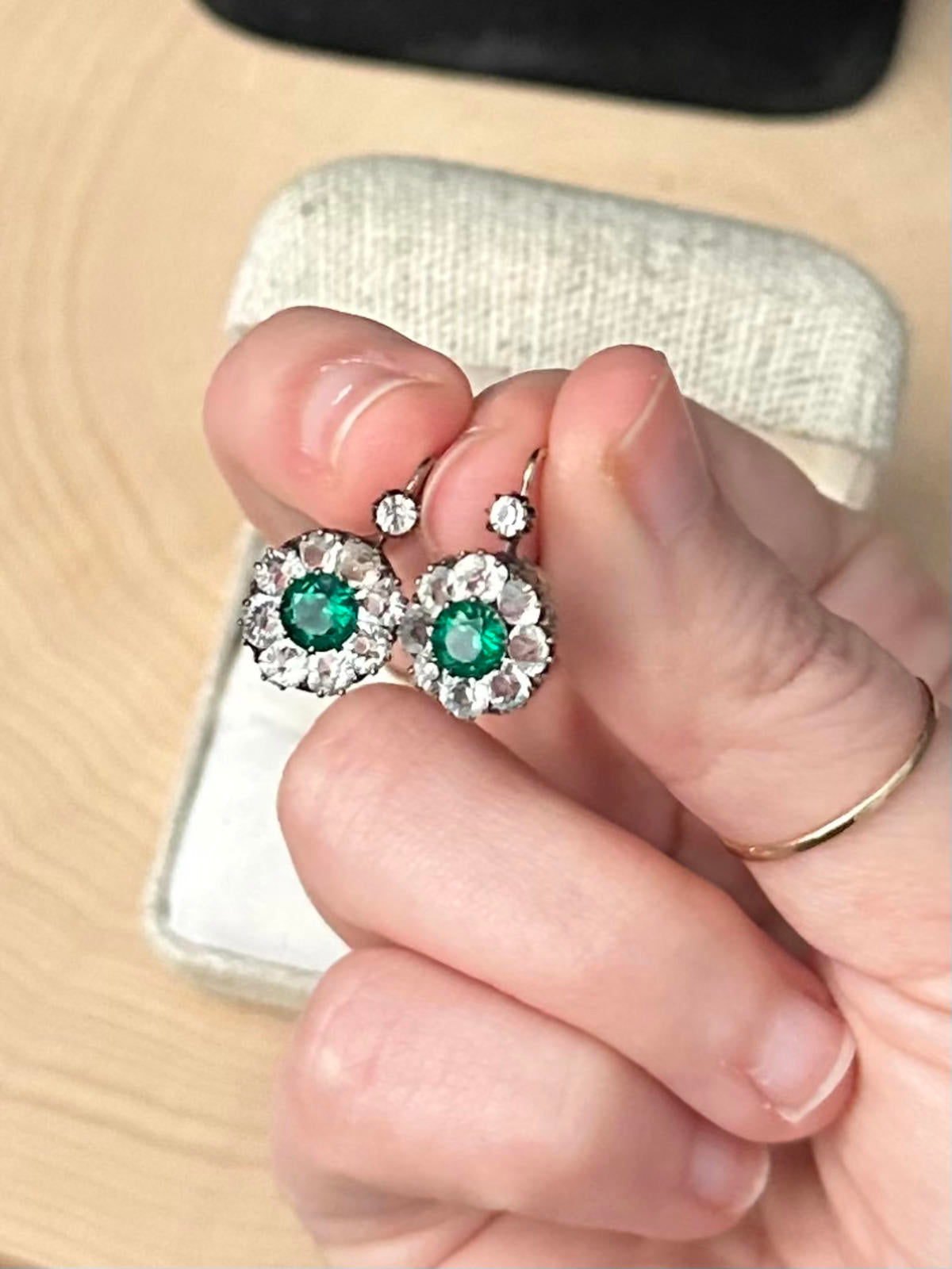 Antique Art Deco 9K Yellow Gold Emerald Green & Clear Rhinestone Paste Earrings