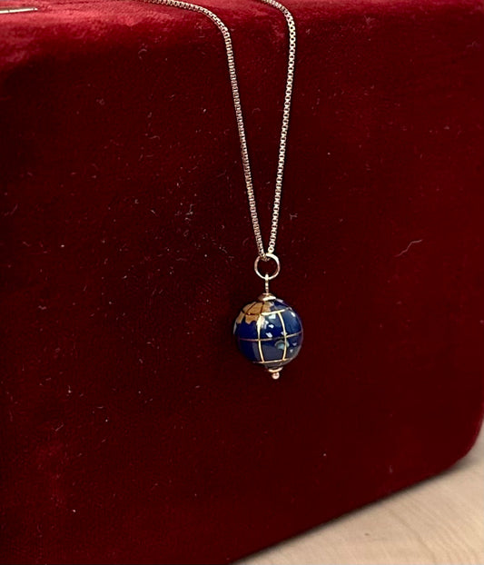 Vintage Italy 10K Yellow Gold World Globe Pendant Gold Plated Sterling Silver Necklace 18"