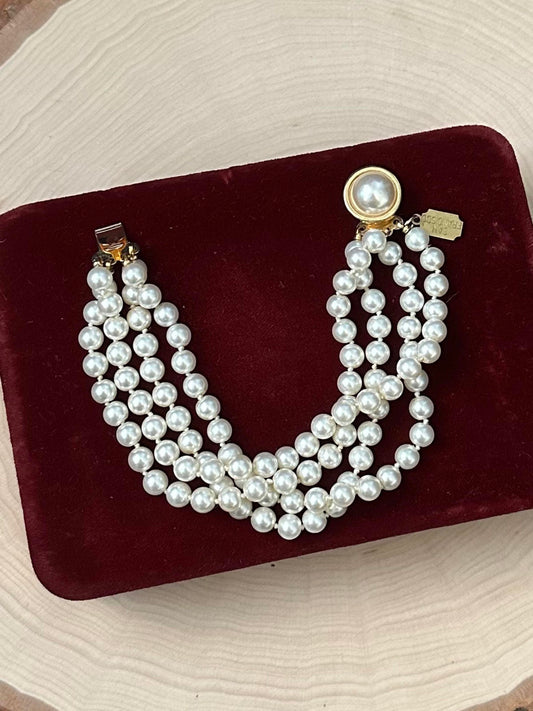 1990s Signed Jest Jewels San Francisco Four Strand Faux Pearl Bracelet