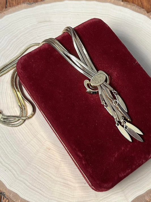 1950s Signed MONET Gold Tone Priscilla Slide Tassel Necklace Monogrammed JB 16"