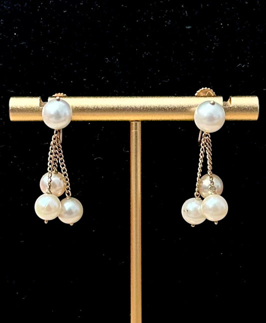 1960s 14K Yellow Gold Genuine Pearl Dangle Screwback Earrings
