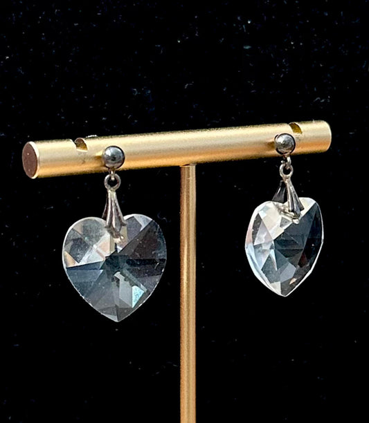 Vintage Midcentury Sterling Silver & Clear Cut Glass Heart Pierced Dangle Earrings