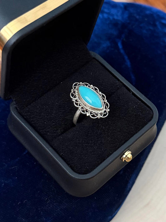 Vintage Taxco Mexico Sterling Silver Turquoise Marquise Cabochon Ring US 6