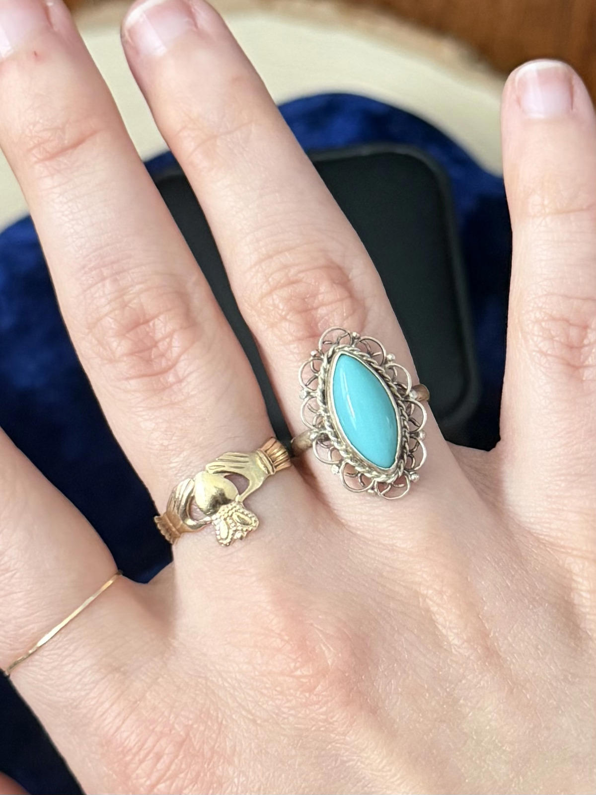 Vintage Taxco Mexico Sterling Silver Turquoise Marquise Cabochon Ring US 6