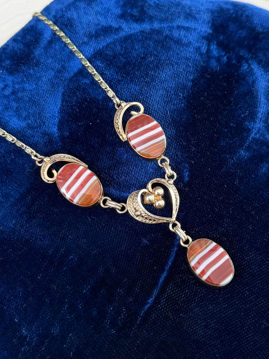 1950s Signed Van Dell 1/20 12K Gold Filled Banded Agate Cabochon Necklace 16"