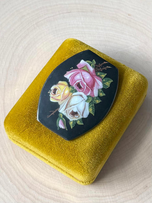 Antique Hand Painted Floral Pink, White, & Yellow Rose 800 Silver Brooch C-Clasp
