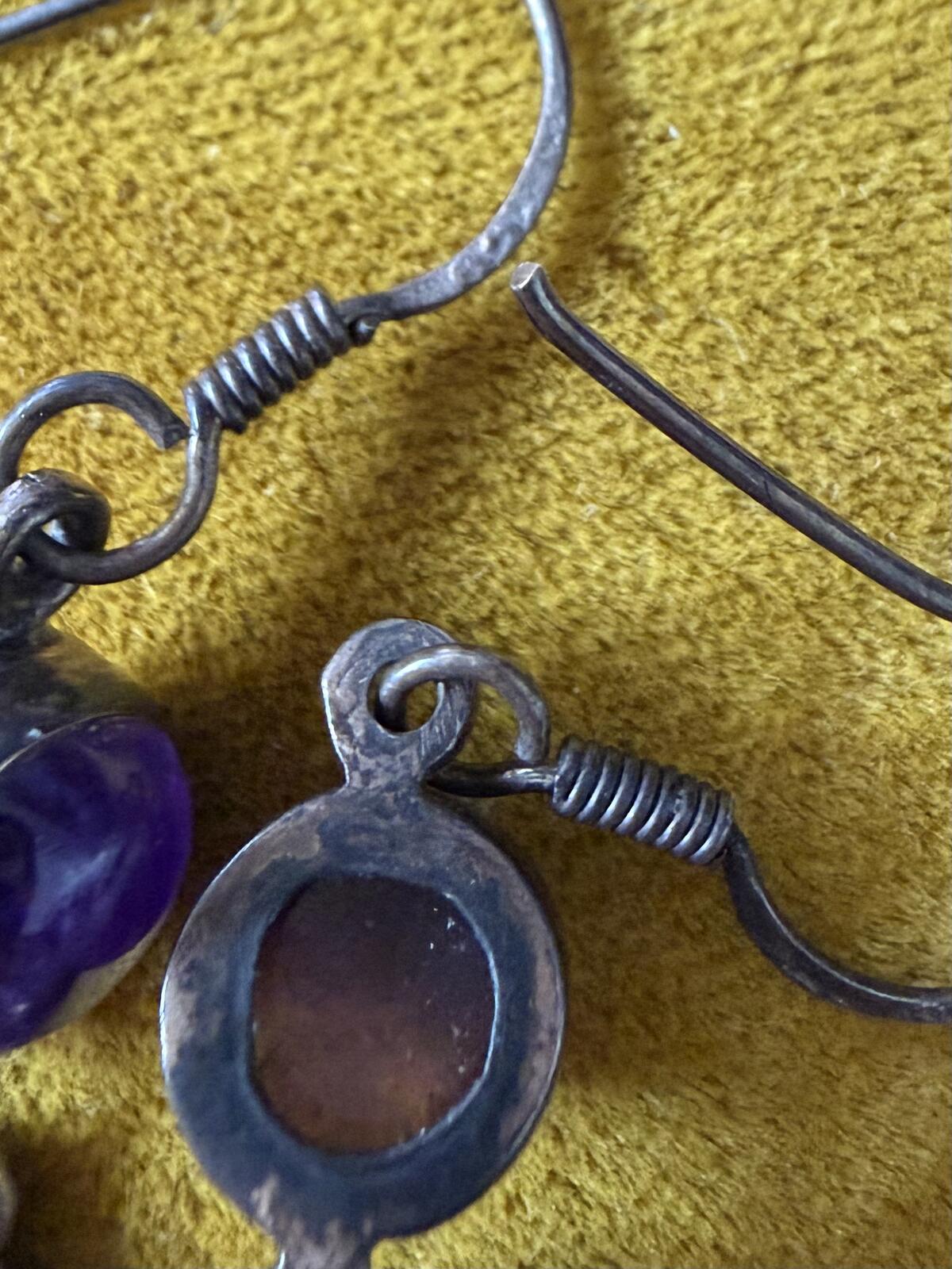 Vintage Sterling Silver & Genuine Amethyst Cabochon Purple Dangle Drop Earrings