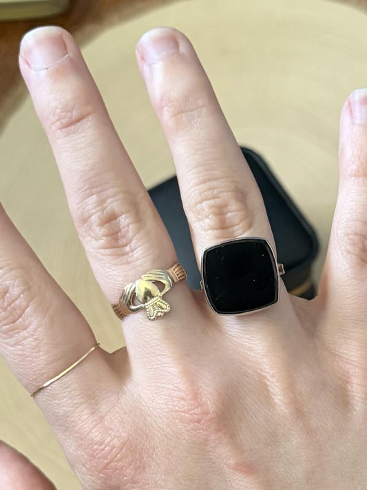 1970s Sterling Silver Bezel Set Flat Black Onyx Rounded Square Ring US 4.5