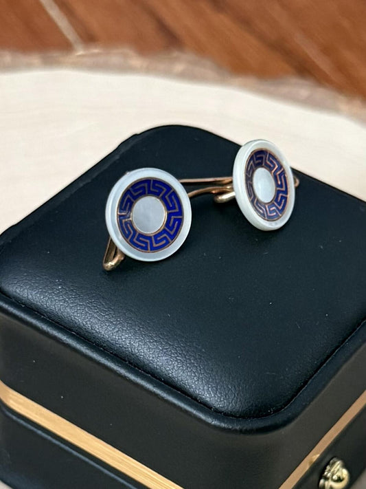 Antique 14K Yellow Gold Blue Enamel Greek Key Round Mother of Pearl Cufflinks