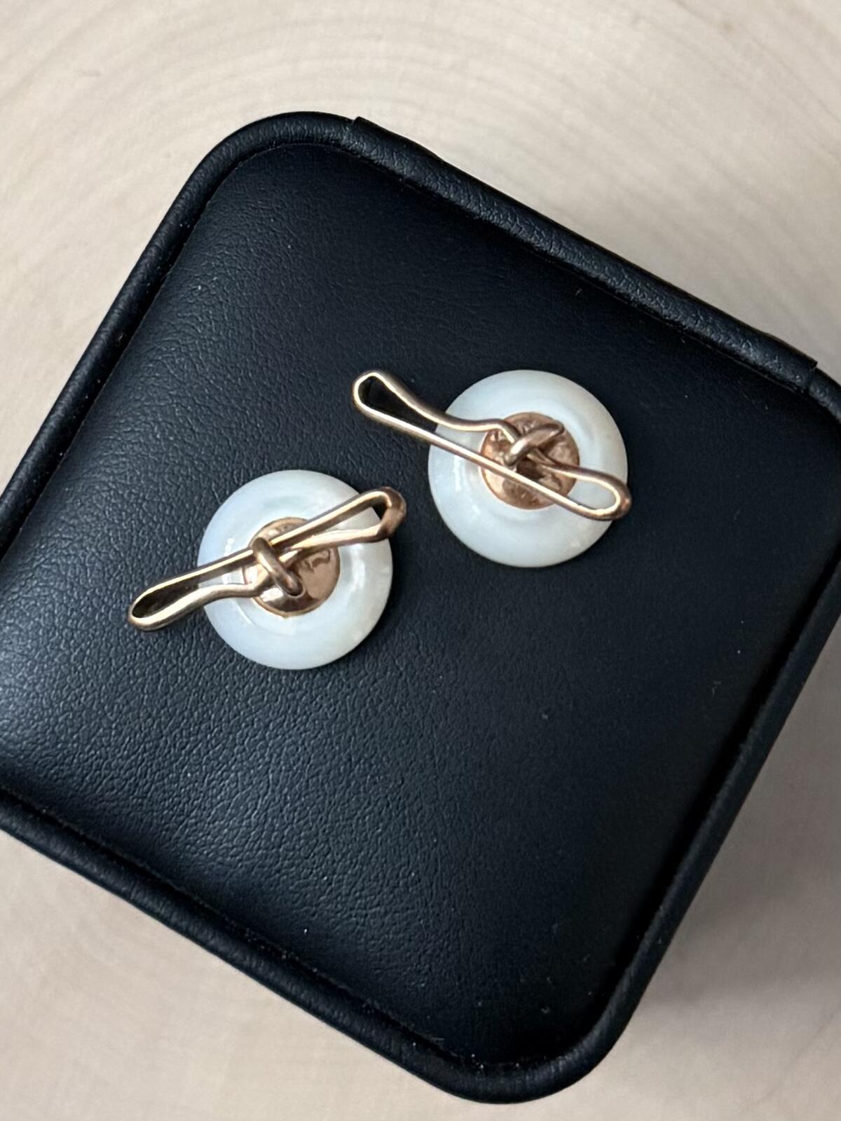 Antique 14K Yellow Gold Blue Enamel Greek Key Round Mother of Pearl Cufflinks