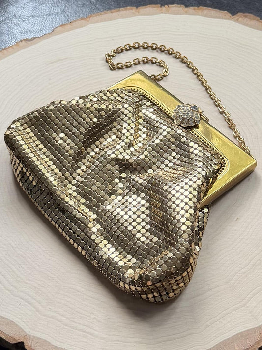 1940s Whiting & Davis USA Gold Tone Mesh Evening Purse Rhinestone Clasp
