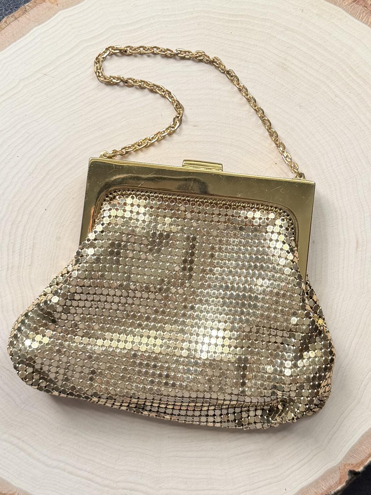 1940s Whiting & Davis USA Gold Tone Mesh Evening Purse Rhinestone Clasp