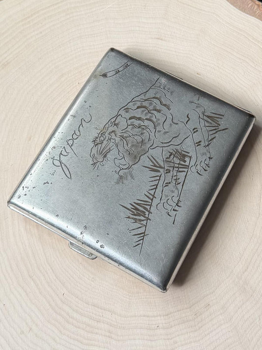 1940s Hand Engraved Japan Tiger Aluminum Cigarette Case WWII Militaria