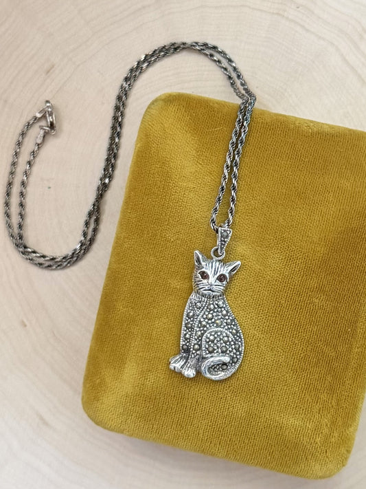Vintage Sterling Silver Marcasite Cat Garnet Eyes Pendant Necklace